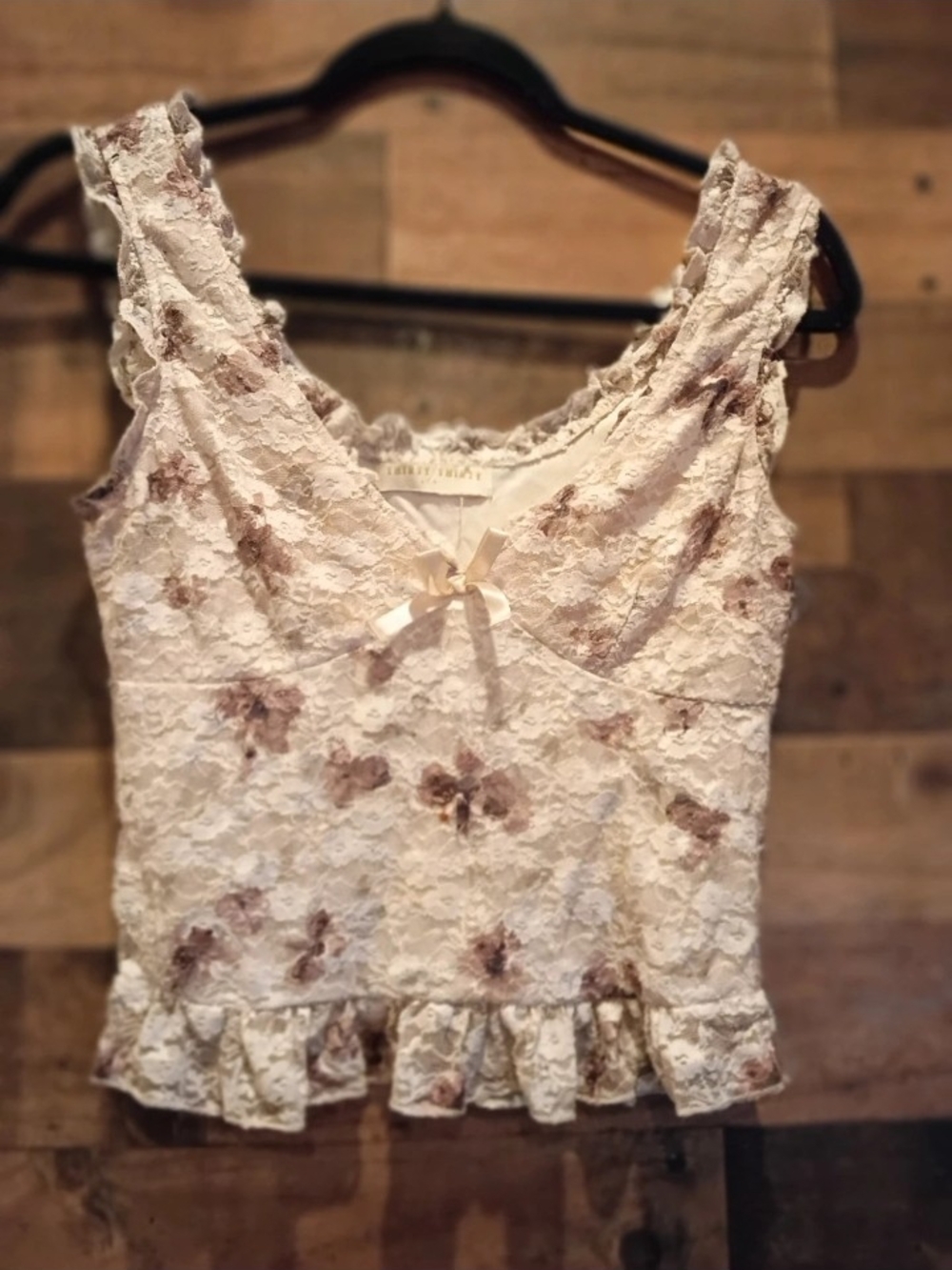 Floral Lace Ruffle Camisole - Cream with Brown Floral